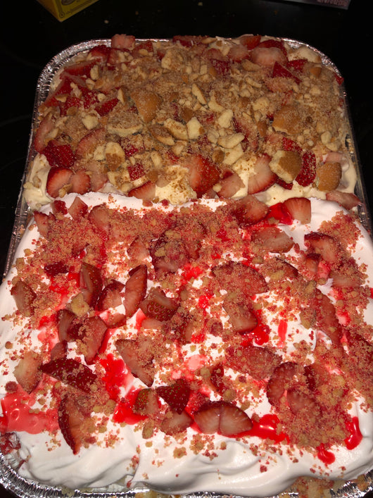 Half pan strawberry shortcake half strawberry banana pudding